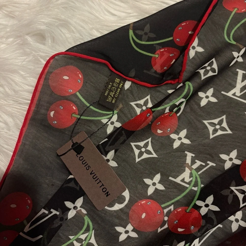 LOUIS VUlTTON 100% silk cherry print monogram scarf 40x40 custom print design